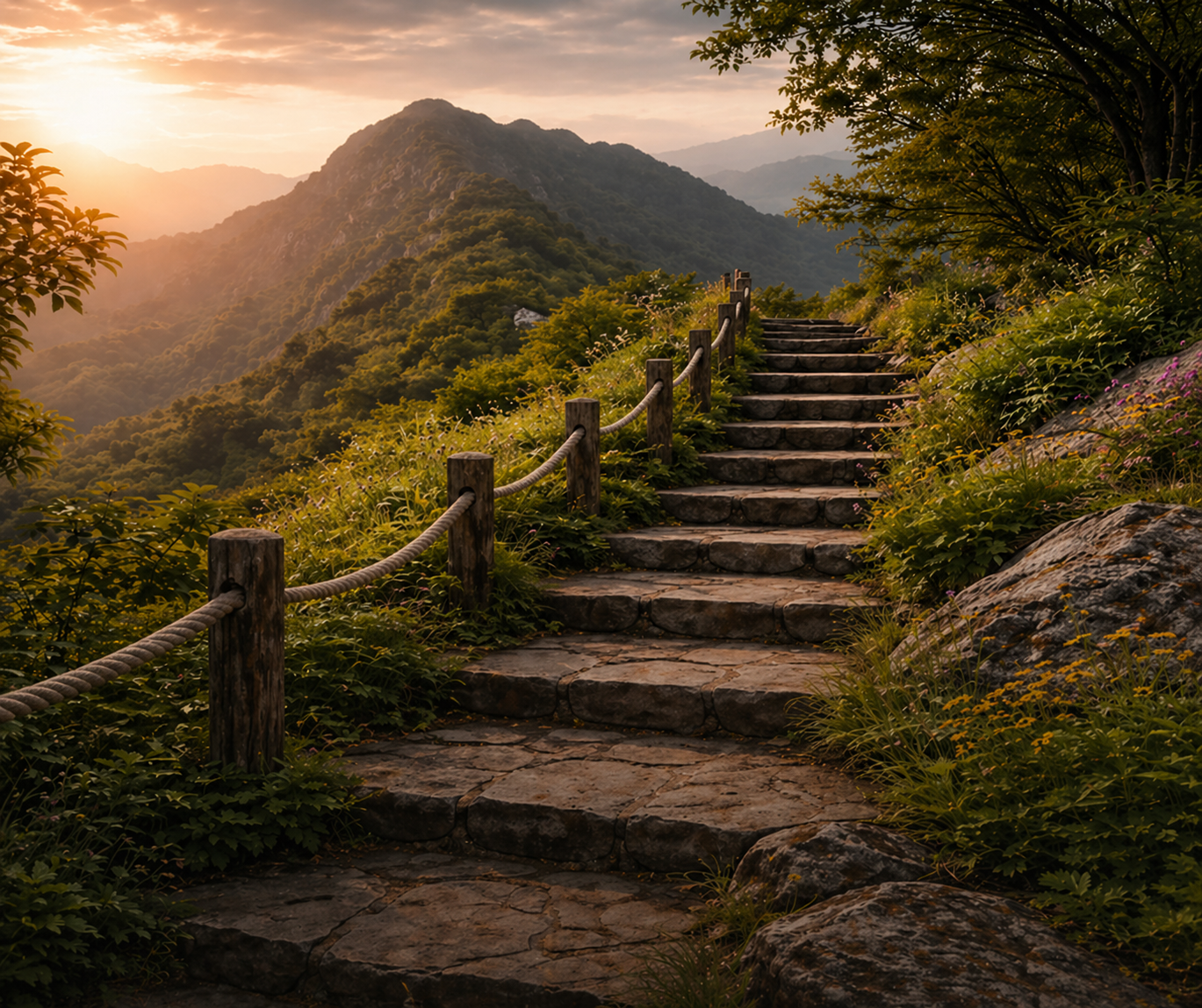 Stone stairway climbing mountain at sunset
